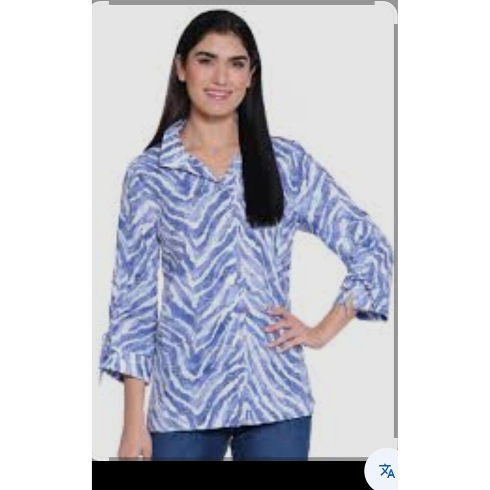 John Mark Embroidered Zebra Linen Blend Button Up Tunic Shirt Women's XL Blue